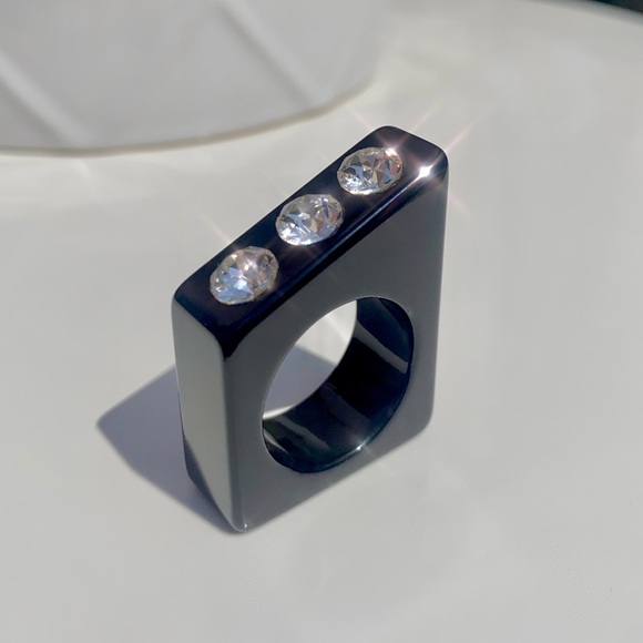 Black Acrylic Statement Ring Embellished With Genuine Crystals, Geometric Design - Picture 3 of 13
